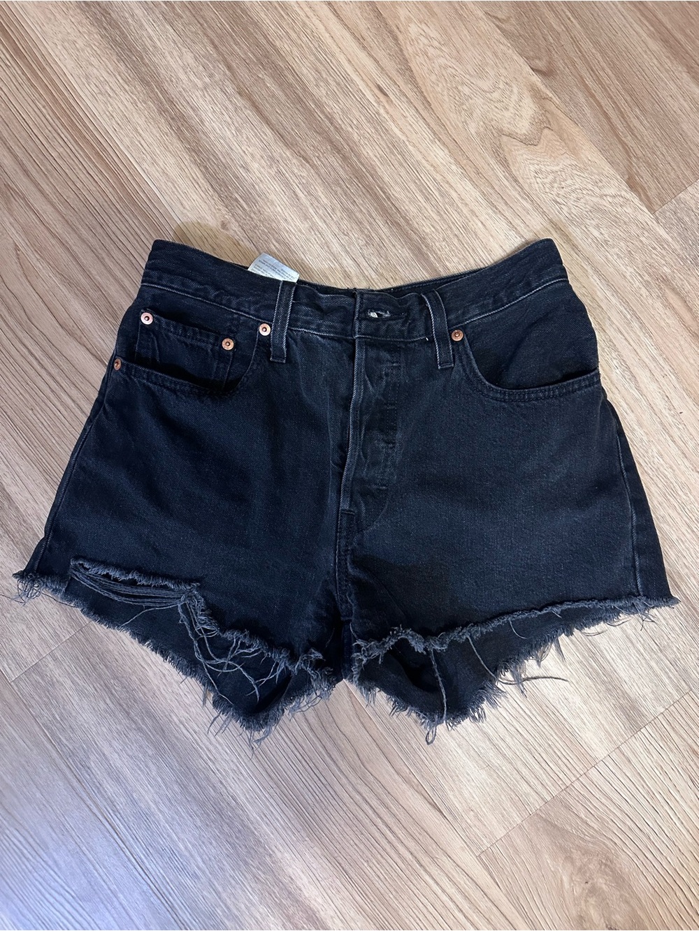 Black High-Rise Frayed Hem Levi 501 Denim Shorts